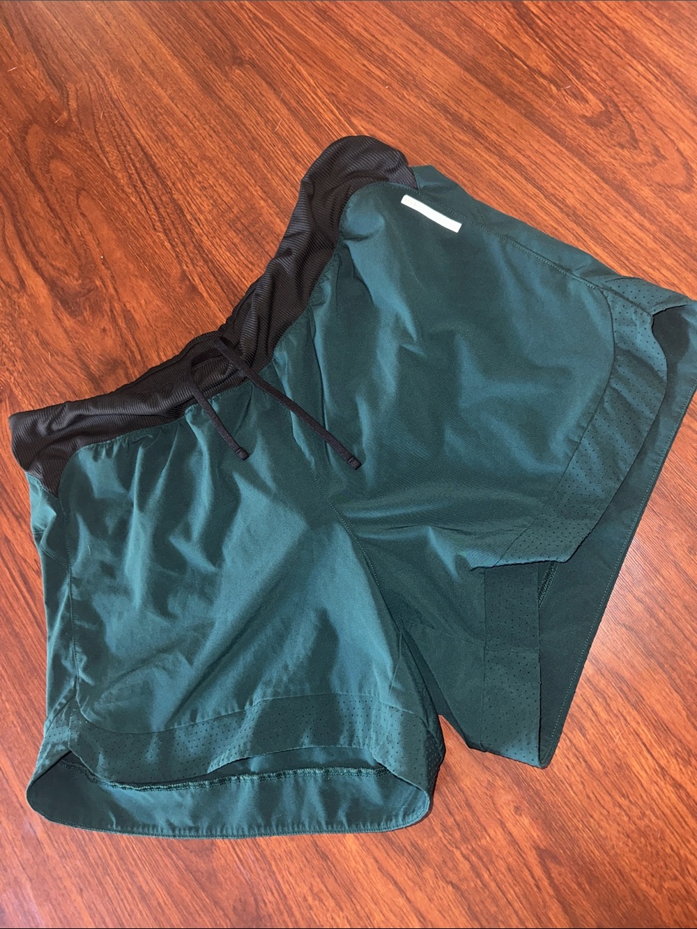 REI Dark Teal Athletic Shorts with Black Waistband & drawstring